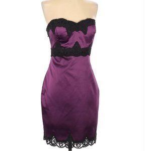 Bebe Purple Black Lace Strapless Cocktail Dress
